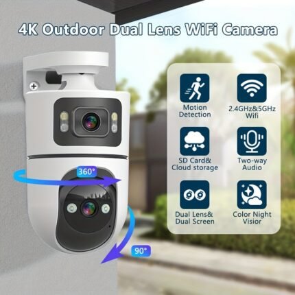 2.4G&5GHz WiFi 4K Outdoor Dual Lens WiFi Camera, Dual Lens Dual Screen, Motion Detection, Two Way Aduio, 3-Night Vision Mode for Home Security, Use for Elderly Care & Christmas Halloween Decorations, Thanksgiving Day Gift.