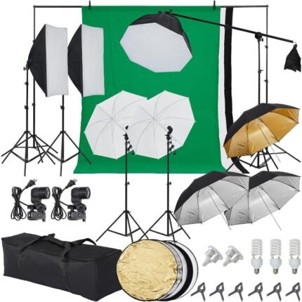 Photography Lighting kit with Backdrops, 8.5ft x 10ft Backdrop Stand, 5 Tripod Stands and Bulb, 85W LED Umbrella Softbox Continuous Lighting, for Photo Video Shoot