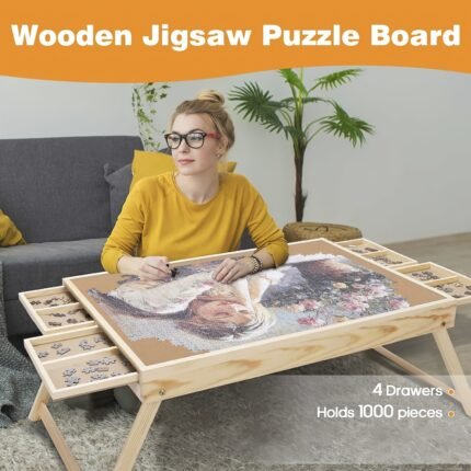 Puzzle Table with Folding Legs, Wooden Puzzle Table with 4 Drawers And 16 Grids, Portable Enlightenment Board for Storage And Sorting - 1000pcs Puzzle Table School Supplies