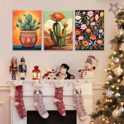 3pcs Framed Winter Christmas Canvas Print Poster, Boho Style Wall Decor, Vintage Mexican Cactus Canvas Posters Reusable, Plant Theme Rectangular Wall Art for Bedroom, Living Room, Hallway for Christmas poster