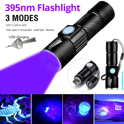 One UV 395nm flashlight, USB rechargeable, adjustable focus UV light, 3-speed mini flashlight, UV light, used for pet detection light, home, outdoor, camping, fishing light
