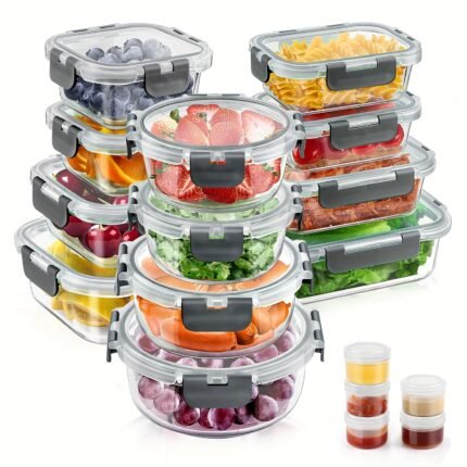 34pcs Glass Food Storage Containers Set, BPA-Free, Airtight & Leak Proof, Dishwasher, Microwave, Oven, Freezer Safe, Multipurpose Rectangle Containers with Flip Top Lids, Grey (17 Containers & 17 Lids)