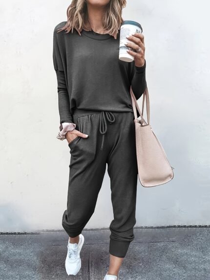 New Popular Spring/Autumn Women'S Solid-Color Long-Sleeve Casual Fashion Top Pants Set