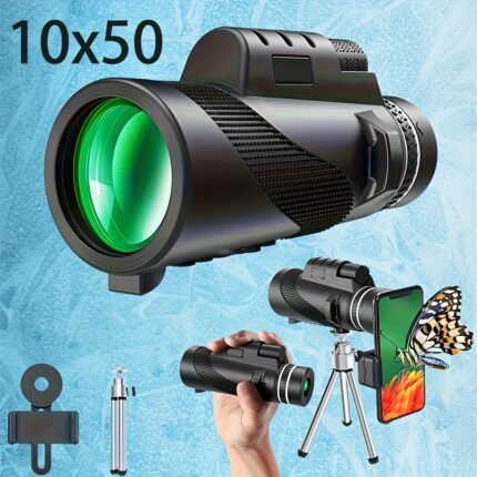 10x50 High-Powered Portable Binoculars with Green Film Lens & Wide-Angle Eyepiece - Durable Compact Design, Manual Focus, Smartphone Adapter & Tripod Compatible for Bird Watching, Hiking, Camping, Stargazing - Ideal Gift for Adults & (Black)