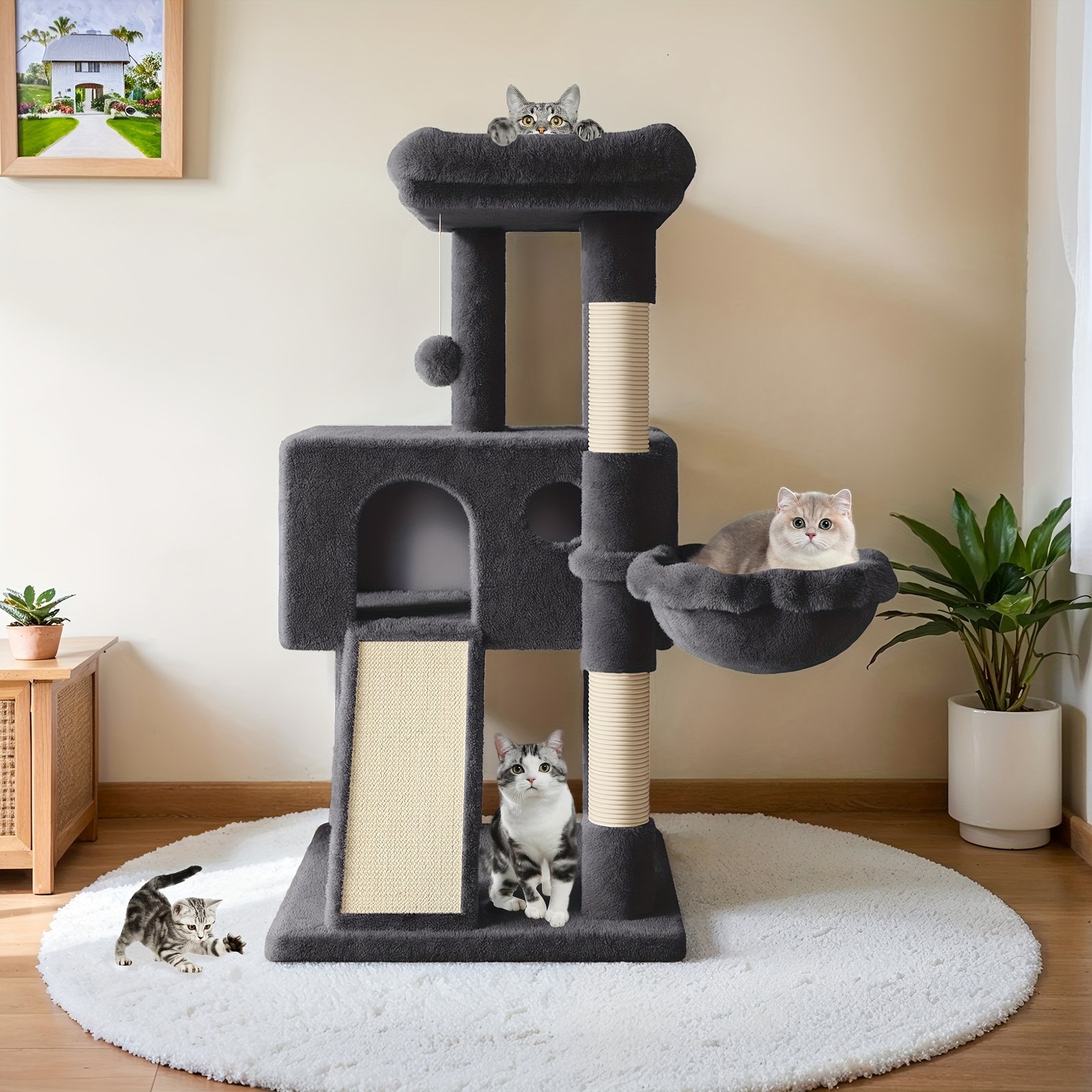 7db71c2f-0902-4e55-baee-fbab9f48f063.jpg HOOMIC 36" Cat Tree For Indoor Cats, Multi-Level Cat Condo With Sisal Scratching Posts And Board, Cozy Hammock, Padded Plush Perch For Kittens, Dark Grey, Grey, Beige - Image 1