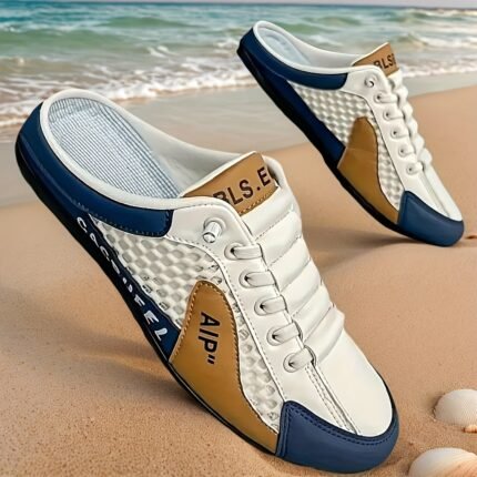 Men's Non-Slip Slip-On Shoes - All-Season Beach Shoes with Cushioned PVC Sole, Slip-Resistant Grip for Walking, Camping, Vacation - White & Navy Blue Accents - Lightweight Slip-Ons for Indoor/Outdoor Use, Camping Footwear, Stylish Slipons, Breathable Mesh Upper, Casual Slipons, Round Toe Design,, Versatile Footwear, Outdoor Enthusiasts