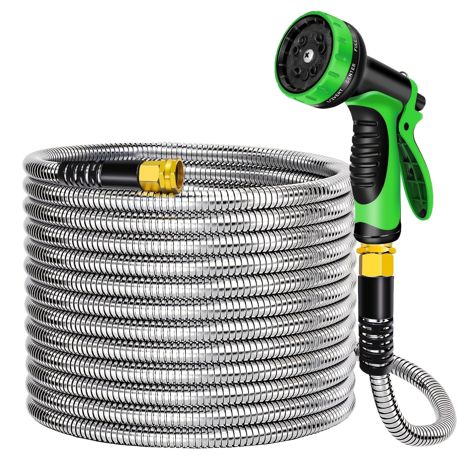 7dd3ed5b-8e11-413d-a2a9-87db4135e6e5-1.jpg 25/50/75/100ft Stainless Steel Metal Garden Hose Pipe - Flexible Lightweight Coil with US Standard Threads, 3/4 Inch Diameter & Green Spray Nozzle for All-Season Yard, Lawn, Garden Outdoor Use, Vinyl Construction - Image 1