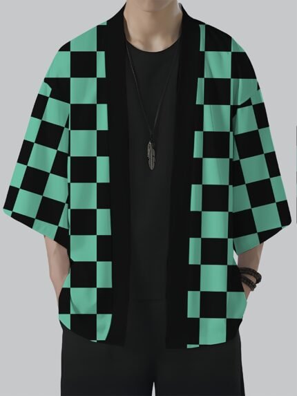 Men'S Japanese Kimono -style Shirt with Black & Green Checkered Print - Lightweight Summer Costume for Cosplay, Themed Parties, Casual Attire - Traditional Japanese Streetwear Clothing, Festival Attire, Relaxed Fit, Comfortable Material, Print Kimono Top, Cosplay Enthusiasts