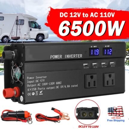 6500W Peak Power Inverter DC 12V to AC 110V Sine Wave Solar Converter with LCD Display, Universal Socket - Convenient, Easy Connection, Emergency - for Mobile Phones, RVs, Electronics & Other Devices, Power Inverter for Solar Panels, Rv Power Supply, Compact Design, Durable Construction, Without Battery