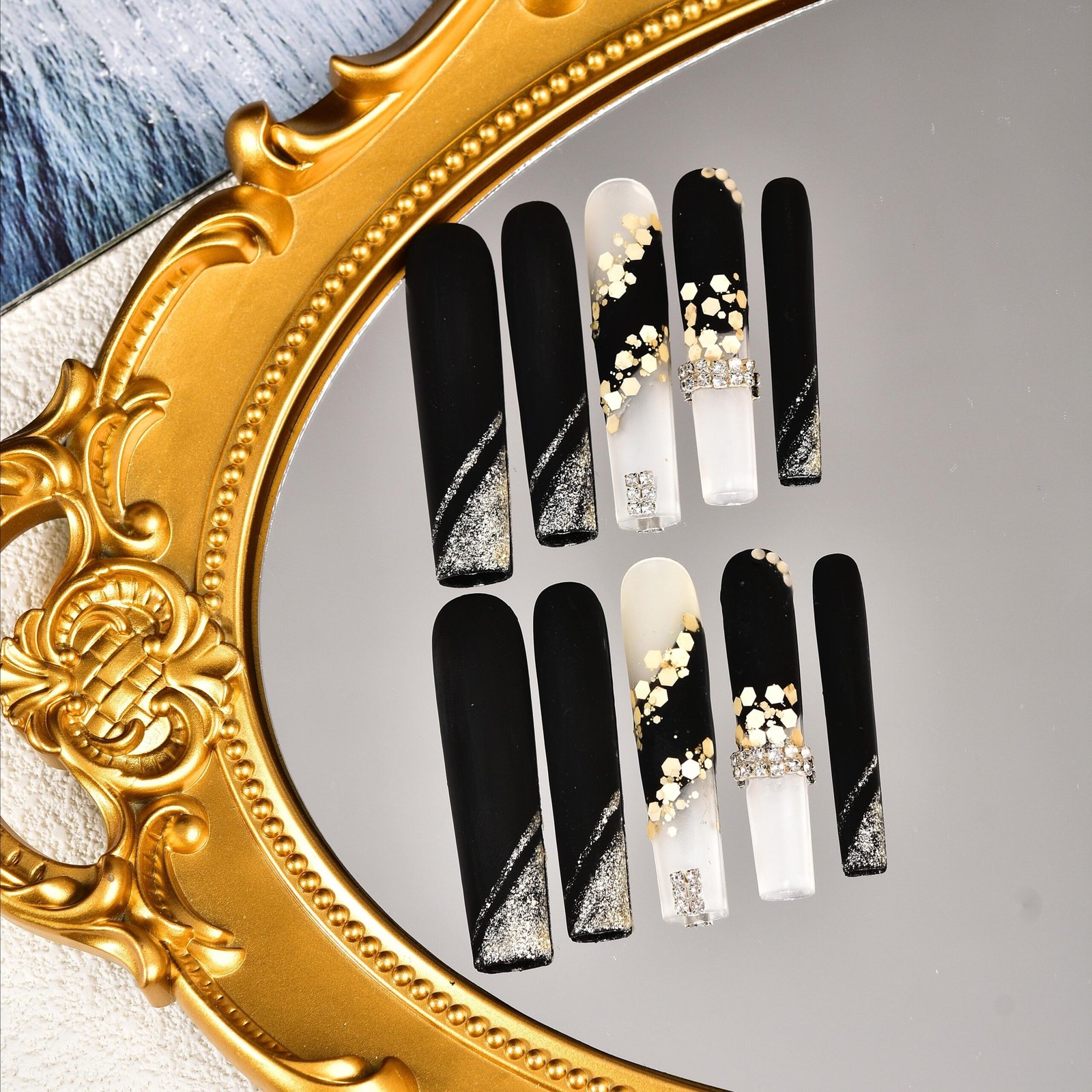 7e8d8f79-d714-4229-b3b4-d2db65067440-scaled-1.jpg 10Pcs/1Pair High Quality Handmade Wearable Nails, Nail Patches, Removable Nail Patches, Press-On False Nails, Black White Long Nails, Golden Stickers with Glittering Diamonds Decoration, Exquisite Ladies Decorative Long Nails, Free Nail Patch Tools - Image 1