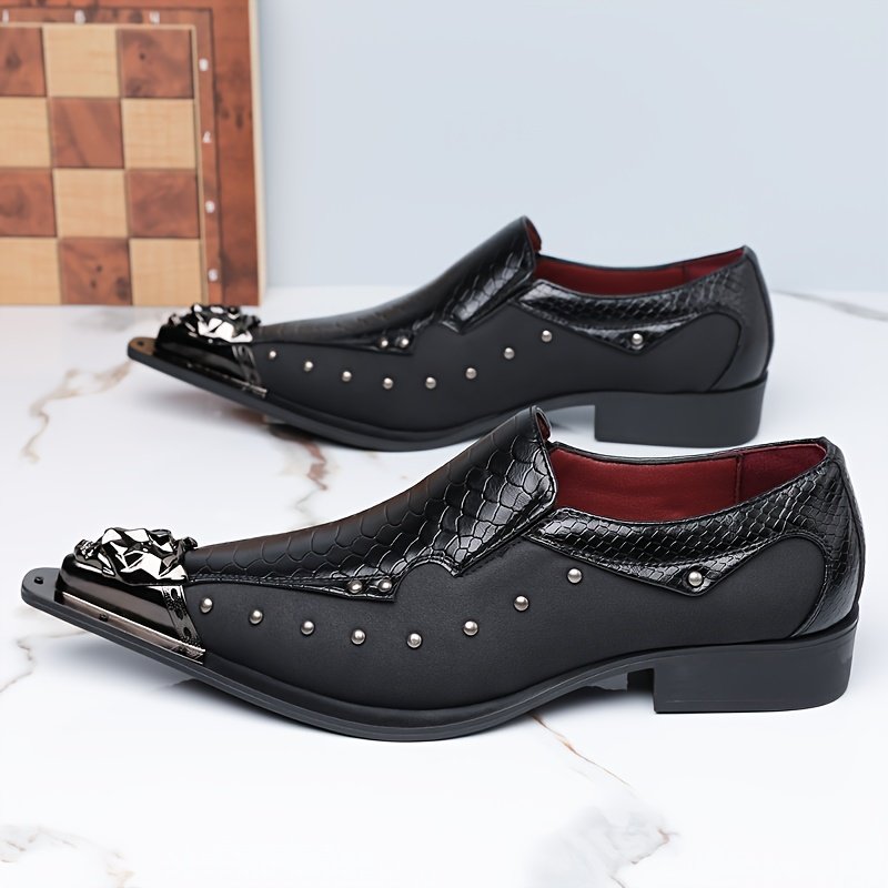 7e8daf16-4a01-45c4-aa9b-caa661f67df3.jpg QRLQRL Men's Gothic Punk Style Slip-On Shoes - Upper & Rubber Sole, Glossy Black & Red Accent Pointed Toe Dress Shoes with Buckle-Style Strap & Star/Pipe buckle - All-Season Formal & Casual Shoes for Parties, Casual Attire, Outdoor Events - Comfortable & Durable Men's Footwear with PU Lining & Insole - Slip-On Closure for Easy Wear - Ideal for Streetwear & Events, Shoe for Men, Men Plus Size Dress Shoes, Sneakers for Men High Quality, Comfy Loafer Shoes for Men, - Image 1