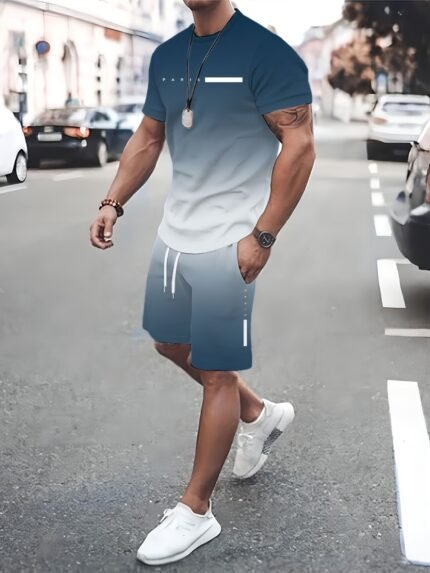 Fashion Paris text street trend round neck gradient sports suit suitable for going out leisure upper and lower suit outdoor party 2pcs set