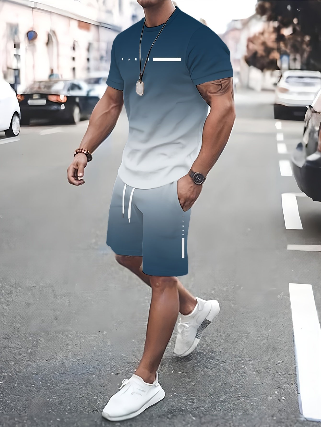 7ea303f4-c85e-426e-988d-698c20020a47.jpg Fashion Paris text street trend round neck gradient sports suit suitable for going out leisure upper and lower suit outdoor party 2pcs set - Image 1