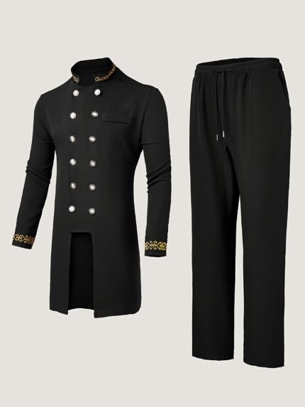 Plus Size Men's Dashiki 2pcs, Long Sleeve Cardigan, Stand Collar, Button, Casual Shirt with Elastic Waist Long Pants 2pcs Set, Loose Fit for Big Size Body Shape, African O, Trend, Retro, Cool, Parties, Formal Occasions, PLUS SIZE