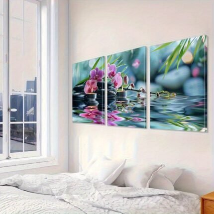 3pcs Frame Pink Orchid Wall Art, Candle Canvas Print Wall Painting, Classic Poster, Modern Decorative Art, Abstract Room Aesthetics, Reflective Wall Decoration, Art Print, Home Decoration, Poster, Ideal Gift, with Frame