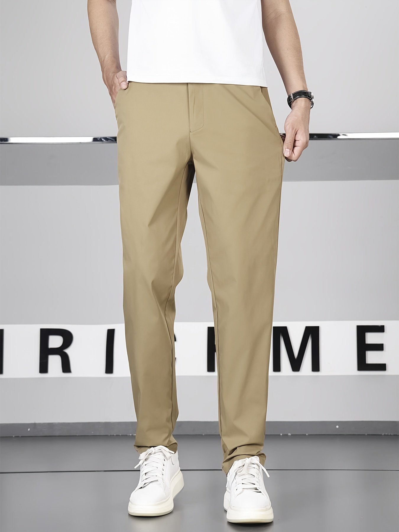 7f078bc4-d29e-4173-98ec-cde29752fac3.jpg Men's Solid Color Semi-Elastic Waist Dress Pants - Regular Fit Machine-Washable All-Season Trousers for Casual & Formal Wear, Versatile Clothing, Mature Style, Clean Design, Comfortable Fabric - Image 1