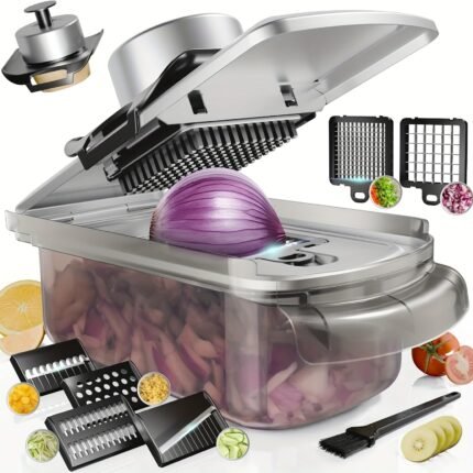9-in-1 Stainless Steel Mandoline Slicer with Container - 304 Stainless Steel Vegetable Chopper & Cutter, Manual Hand-Powered Kitchen Tool for Salad, Potato, Carrot, Onion, Fruit - Home Essentials, Vegetable Slicer And Chopper, Fresh Greens, Transparent Container, Durable Kitchenware