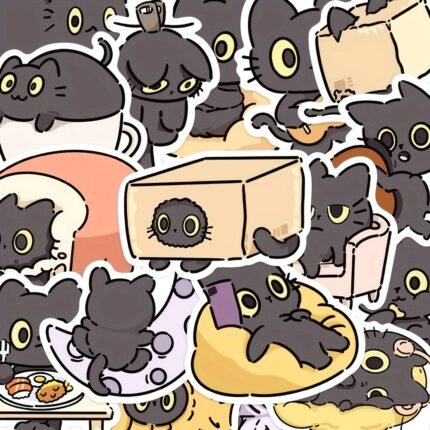 50pcs Cute Black Cat Stickers - Whimsical Cartoon Decals for Laptops, Phones, Notebooks & More - PVC Material, Playful Designs with Cups, Boxes & Furniture