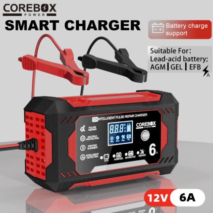 COREBOX 12V  Battery Charger & Maintainer, 6A Intelligent Pulse Repair, Temperature Compensation, LCD Display - Suitable for AGM, Gel, SLA & More, 4-100Ah Capacity, US Plug, Battery Maintenance|Portable Battery Charger, Portable Charger