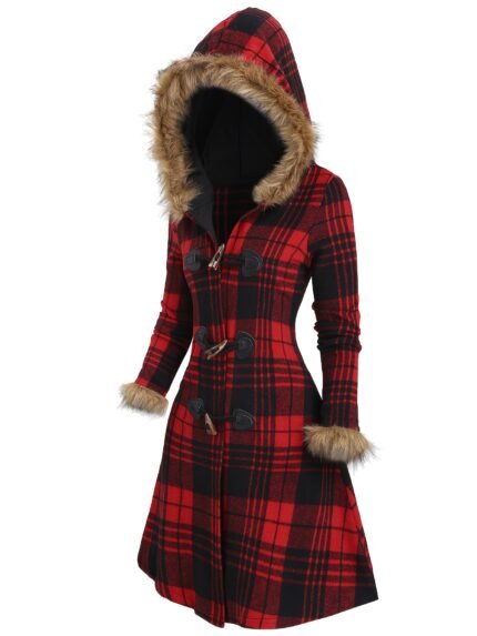 Elegant Gothic Vintage Plaid Winter Jacket for Women - Black & White Checkered Pattern, Long Sleeve, Hooded, Button-Up Coat with Pockets, Perfect for Fall/Winter, Stylish Outerwear | Vintage Plaid Jacket | Structured Design