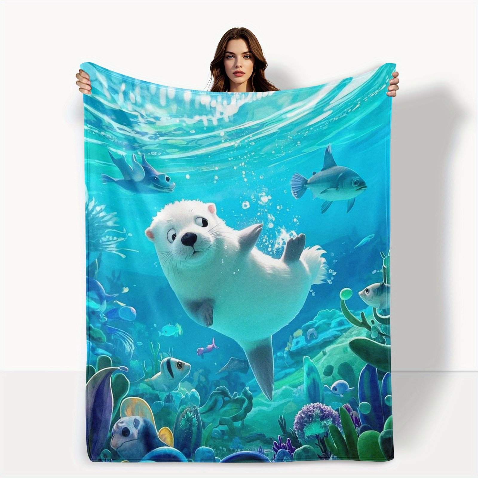 8036733d9f4840f79124c1b9c3b5fea5-goods.jpeg White Otter Whimsical Fantasy Teal Themed Blanket For Playful Home Decor And Creative Gift Idea 280GSM - Image 1