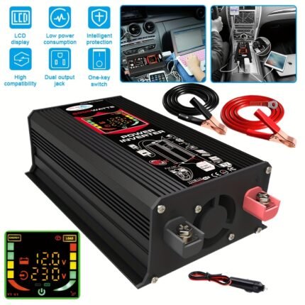 6000W Peak Inverter DC12V to 110V AC Voltage Converter with 4 AC Sockets, Dual USB Ports, LCD Display, Overload Protection, Compact Design for Camping, RV, Outdoor Use, Portable Inverter, Camping Essentials, Modern Electronics, Durable Electronics, Without Battery