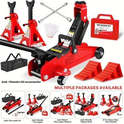 2/2.5/3 Ton Capacity, Jack Kit Low Profile Hydraulic Trolley Service/Floor Jack Combo, Multiple meal plans to choose from 3 Ton Jack Stands 2PCS, Tire Repair Kit, 14-inch Wheel Cross Wrench, Wheel Chock, Jack Accessories Red/Blue