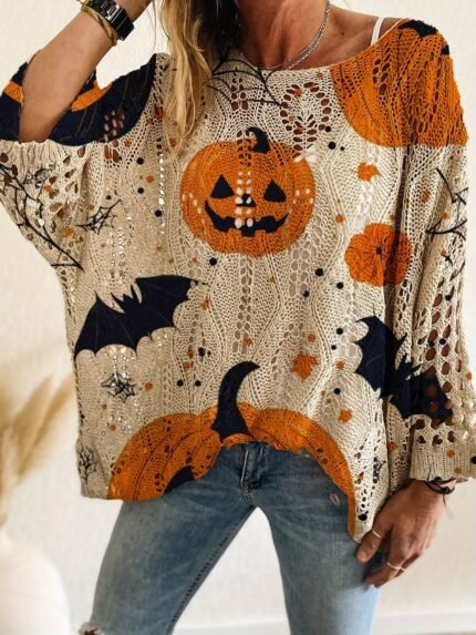 Women'S Halloween-Themed Off-Shoulder Top - V-Neck, Bat & Pumpkin Print, Loose Fit, Long Sleeve, Perfect for Vacation or Casual Outings, Halloween Clothing | Relaxed Fit Top | Construction, Halloween Accessories