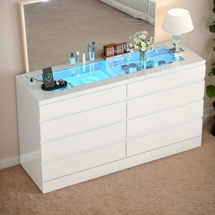 8 Drawer White Dresser with Glass Top & Power Outlet And LED Light, Modern Chest Of Drawer Double Wide Drawers Organizer Cabinet