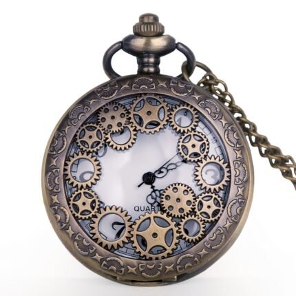 1pc Classic Retro Pop Roman Hollow Pocket Watch Gear Shaped Quartz Necklace Watch Souvenir Gift