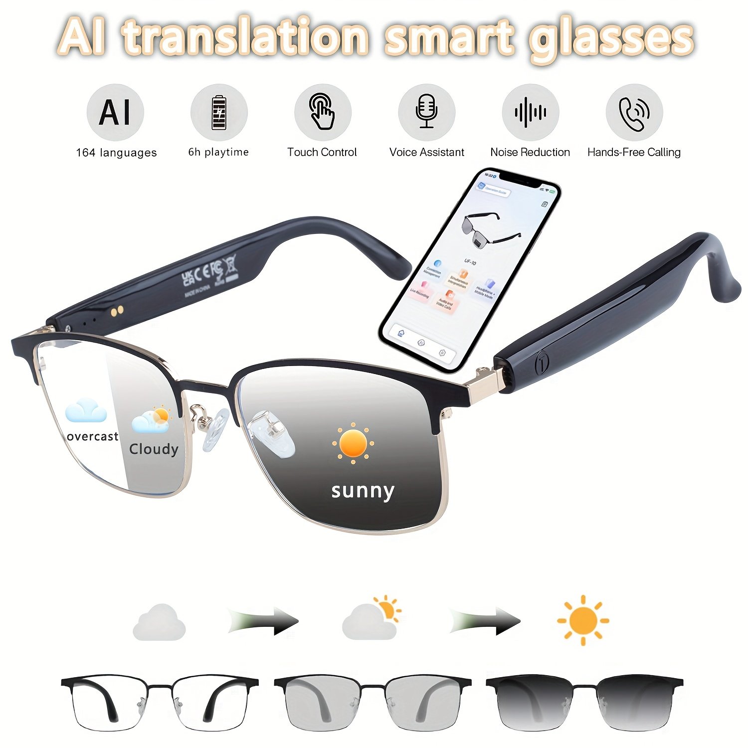 81bc6df5-d6c0-4df0-baa5-7ddc14a7daad.jpg AI Smart Glasses, Smart Glasses with 160 Languages Real Time Translation Support, Chat GPT System, Hvesbsfsy New Multi-functional Audio Glasses for Men And Women, Built-in Microphone And Speaker, HD Voice Calls And HIFI Music Quality, Music Playback And Hands-Free Calling, Physical Color Changing Lens, High Quality, Suitable for Comfortable Riding, Safe Driving, Fun Fishing, Relaxing Travel And Daily Office Wear, Holiday Gift - Image 1