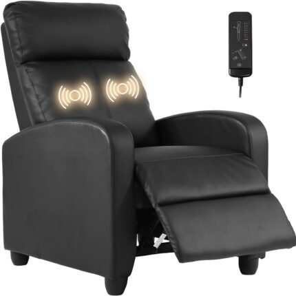 Black Faux Leather Recliner Chair with Massage Function, Breathable Padded Single Sofa for Living Room or Home Theater, Includes Footrest, Remote Control, and Adjustable Headrest Pillow, Home Theater Seating | Stylish Sofa Bed | Padded Armrests, Comfy Chair