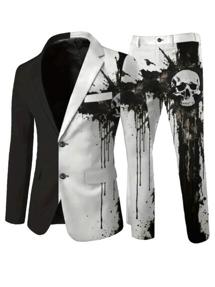 Men'S Casual Elegant No Ironing Polyester Suit - Black & White Skull Print, Long Sleeve, Lapel Collar, Pockets, Regular Fit, All-Season Wear, Casual Attire|Skull Print Jacket|Polyester Fabri