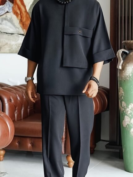 Men'S Suit, Short Sleeve Top, Round Neck, Fake Pocket Design, Hem Slit, Elastic Pants, Plus Size Men'S Suit, Men'S Casual Shirt and Pants Set, Summer New Set, Street Style, Party, Wedding Outfit