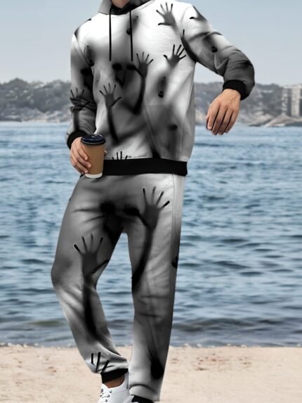 Men's Black Palm Print Halloween Two-piece Set, Fashionable Full Body Printed Casual Sports Hooded Long Sleeved Hoodie And Pants, 2pcs Men's Halloween Autumn And Winter Set