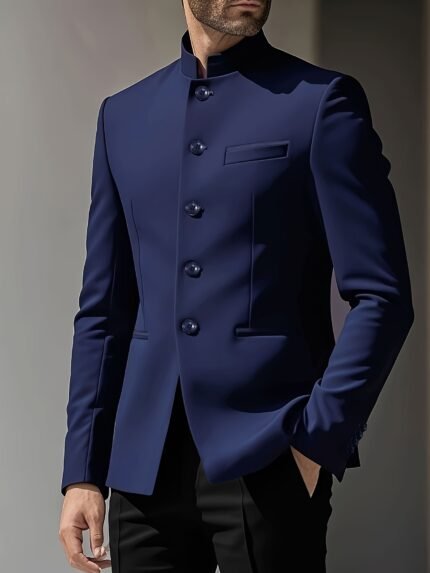 Men'S Chinese-Style Stand Collar Blazer with Black Buttons & Pockets - Solid Black Casual Business Jacket for All Seasons, Formal Attire, Classic Design, Smooth Texture