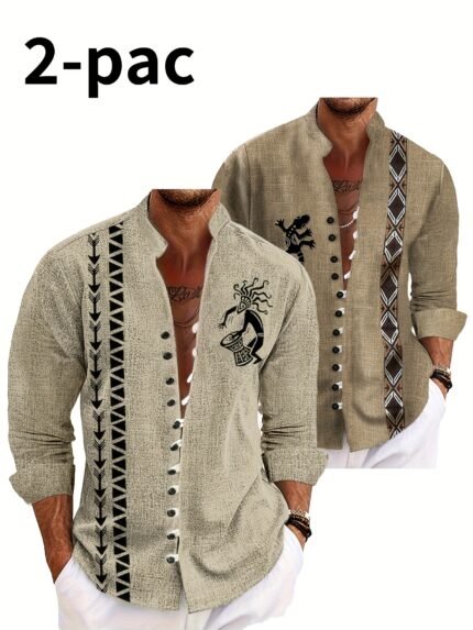2 - Pack Men's Ethnic - Style Long - Sleeve Shirts - Featuring Distinctive Geometric And Totem Prints, Chinese - Style Standing Collar Design, Comfortable Material, Ideal for Casual Vacations And Daily Outings, Travel Clothing, Vacation Outfit, Stylish Menswear, Breathable Fabric, Lightweight Shirt, Printed Top, Adult Men, Fashion Enthusiasts