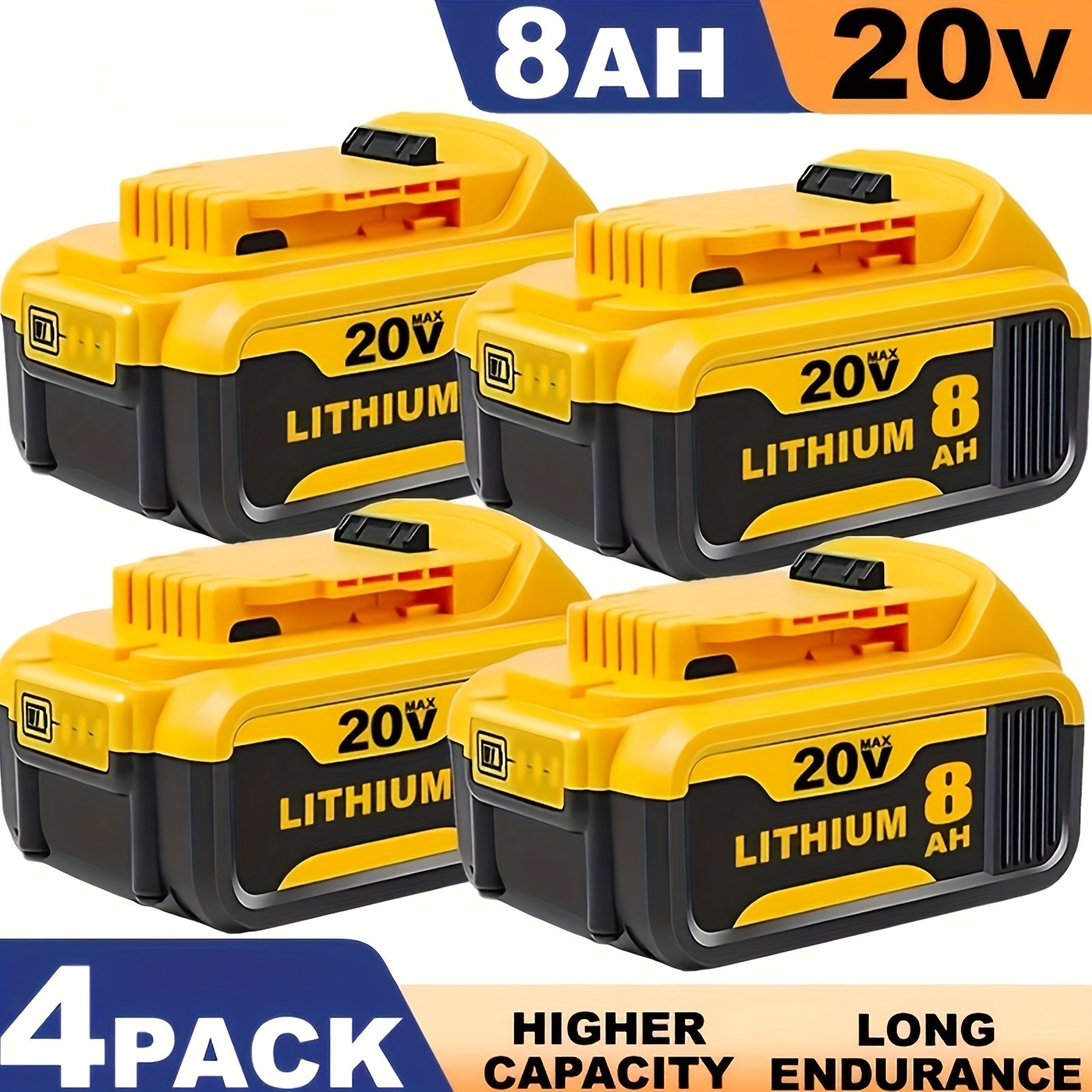 86b55798-2bf0-486e-b789-d9926528729c.jpg 4-Pack for Dewalt 20V Max Lithium-Ion High-Capacity 8.0Ah Replacement Batteries with 3-LED Power Meter, Long-Lasting Runtime, Overcharge/Overheat Protection, Compatible with DCB200/DCB201/DCB203/DCB206/DCB210/DCB204/DCB207, DCD/DCF/DCG/DCS Tools & Chargers (No Memory Effect, 8000mAh Each, 4-Pack Value Bundle) - Ideal for Heavy-Duty Drills, Saws, Grinders, Sanders, Batteries All Sizes, Batteries Battery, Lithium Battery Charger, Battery - Image 1