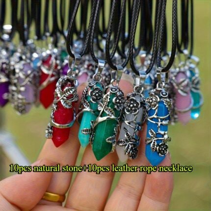 10pcs Natural Stone Hexagonal Prism Flower Pendant Necklace Set, DIY Handmade Necklace with 10 Faux Leather Ropes