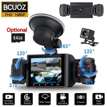 BCUOZ 360° 4-Channel Dash Cam for Cars - 1080P Front & 480P Left/Right/Rear Cameras, 2.4" IPS Screen, Night Vision with WDR, 64GB Optional, Loop Recording, G-Sensor, 24H Parking Mode.
