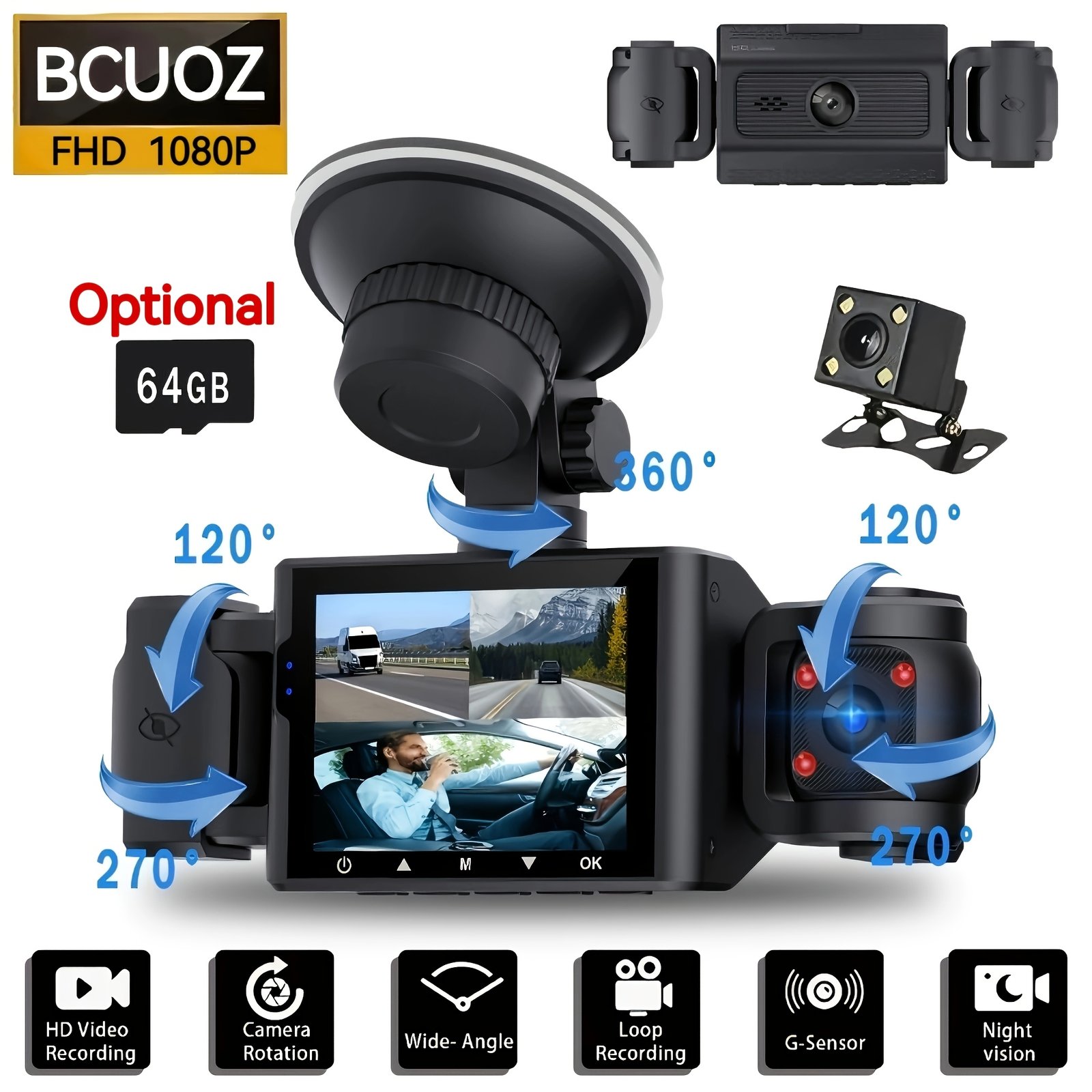 872c309f-522b-471d-a030-2a7fb8a73d07.jpg BCUOZ 360° 4-Channel Dash Cam for Cars - 1080P Front & 480P Left/Right/Rear Cameras, 2.4" IPS Screen, Night Vision with WDR, 64GB Optional, Loop Recording, G-Sensor, 24H Parking Mode. - Image 1