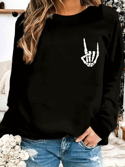 Gesture Printed Fashionable Casual Women'S Sportswear, Suitable for Outdoor Sports, Round Neck Versatile Style Women'S Sportswear, Very Suitable for Autumn/ Winter, Women'S Casual Version Suitable for Daily Wear