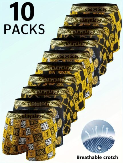 10pcs Set Black Golden Luxury Style Men's Boxer Briefs, Light Beige-Friendly Breathable Comfortable Boxer Shorts, Elastic Sports Shorts, Men's Casual Daily Basic Underwear