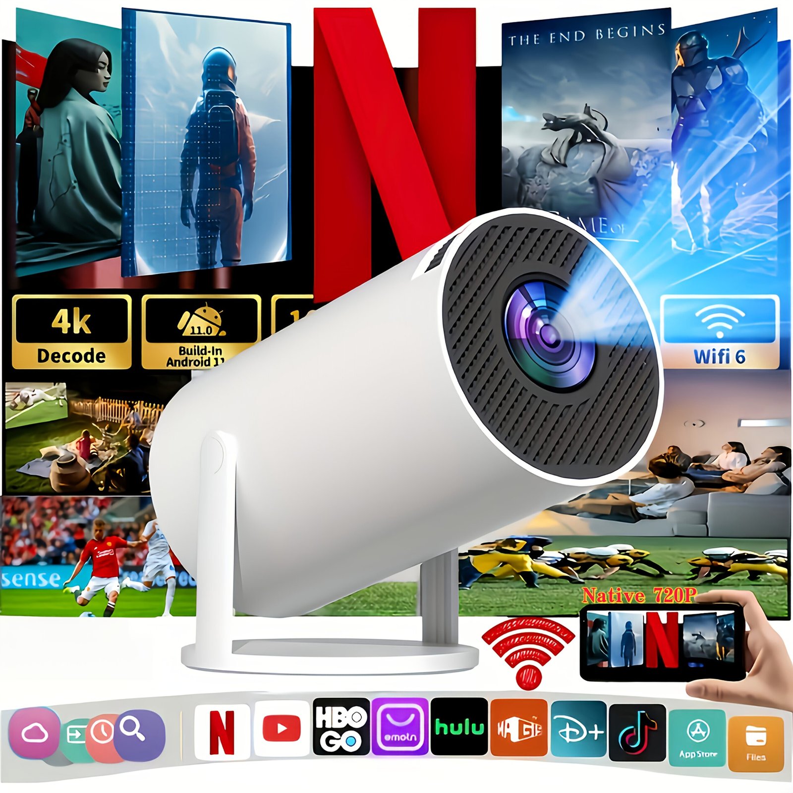 88017bbd-3eab-429d-aea9-3dbe951125e5-scaled-1.jpg Brand New Convenient Projector, 4K Smart with WiFi 6 and Wireless 5.0, Adjustable Screen, 180° Rotation, Built-in Android 11.0 OS 720P Native Resolution for a Different Viewing Experience Perfect Home Theater & Outdoor - Image 1