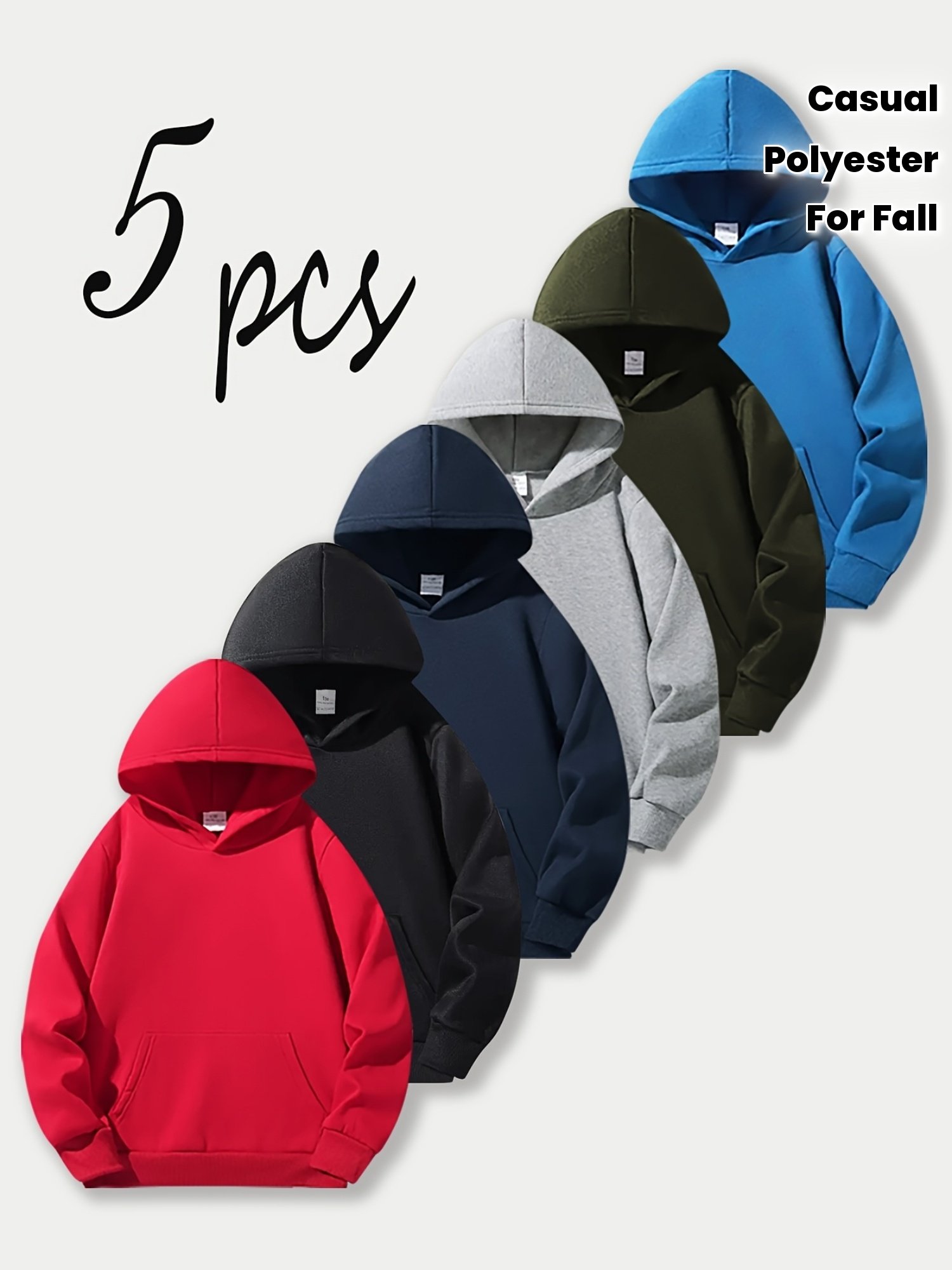 881d6a3f3bddde24ac50fd9f3783fa6a.jpg 5pcs Boys' Youth Casual Hooded Sweatshirts - Polyester Blend, Solid Color, Slight Stretch, Knit Fabric, Regular Fit, with Pocket - For Fall/Winter - Ages 12 & Under - Perfect for Active Boys - Image 1