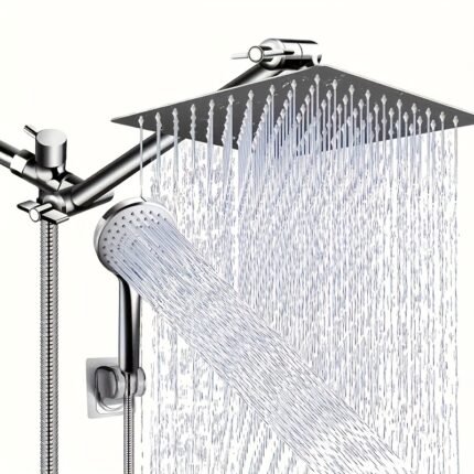 Shower Head, High-Pressure Showerhead/Handheld Shower Combination, with 8-Inch Top Spray, 9 Adjustable Leak Proof Shower Heads, with Bracket/Hose, Adjustable Angle, Contemporary Design