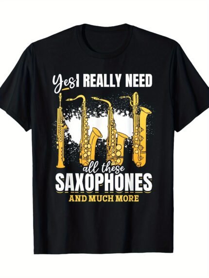 1pc Men'S Cotton Crew Neck T-Shirt with Saxophone Graphic - Casual Sports Style, Solid Color, Slight Stretch Knit Fabric, Regular Fit Tops