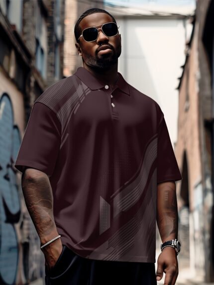 1pc Men's Plus Size Summer Shirt - Casual Short-Sleeve with Button- Collar, Stretch Fabric, Geometric Pattern in Black & Brown, Perfect for Urban Street Style, Layered Outfit Clothing | Comfortable Fit Wear, PLUS SIZE