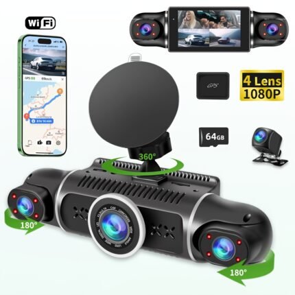 4 Lens Dash Cam For Vehicles, FHD 1080P Car Driving Recorder With Ajustable Left And Right Lens, Built-in Wifi & GPS, Wifi Connection, Audio Recording, Superior Night Vision, Motion Detection, Free 64GB SD Card