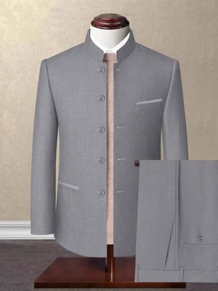 Elegant Men'S Classic Chinese Collar Suit Set with Color Block Design, Suitable for Casual and Business Events (2pcs) - Black Blazer & Pants, Button-Up Shirt, Long Sleeve, Polyester, Formal Attire|Classic Suit|Polyester Fabric